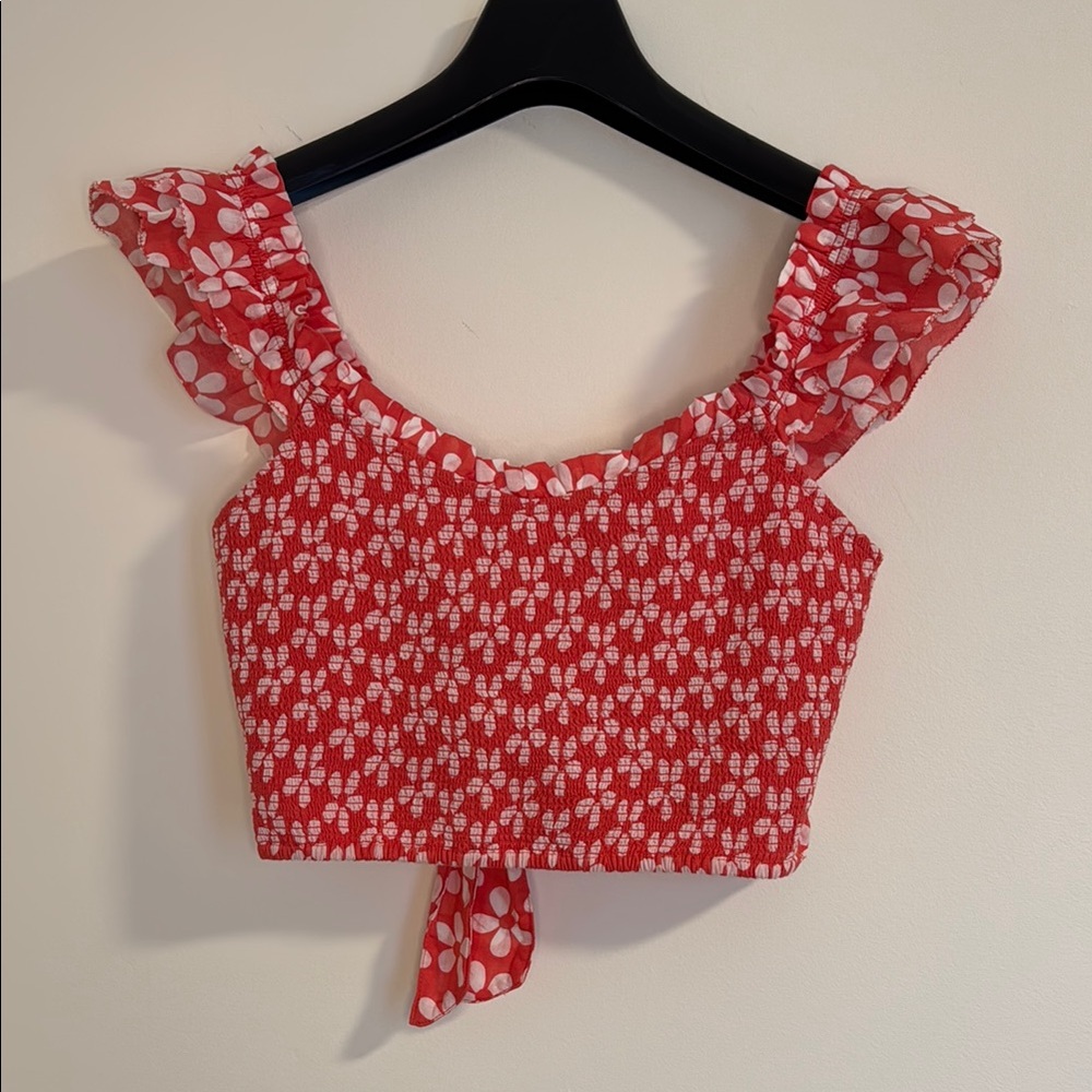 NWOT Coral & White Floral Ruffle Crop Top